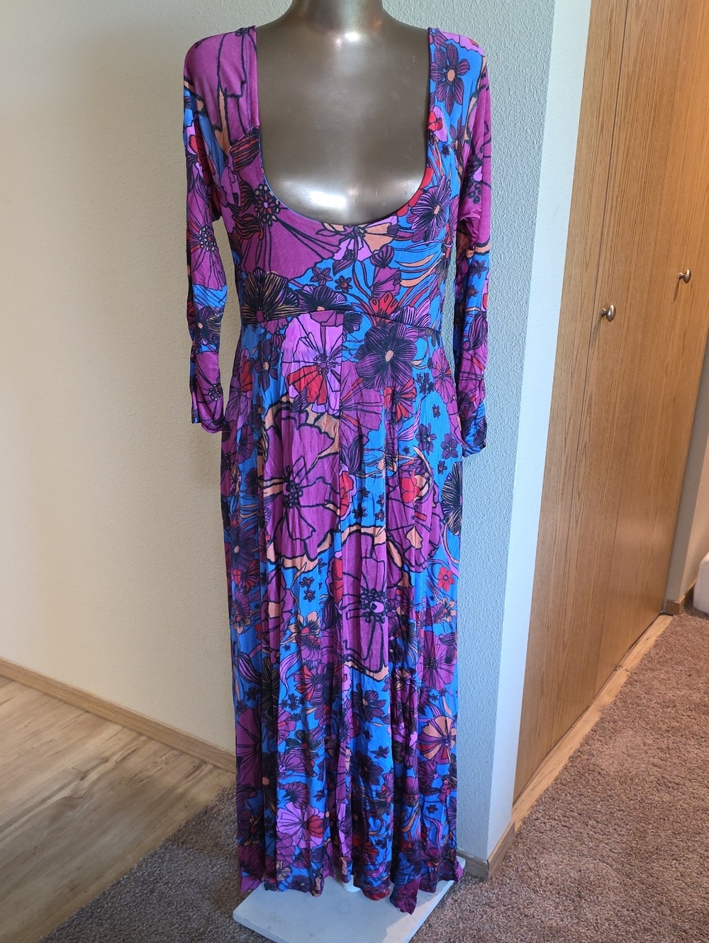 Free People Purple and Blue Floral Scoop-Neck Maxi Dress